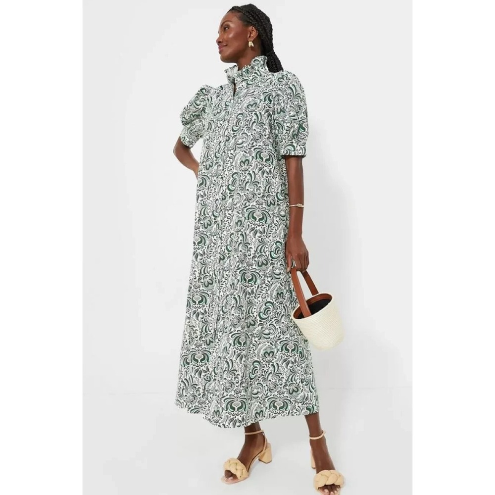 Hyacinth House Tuckernuck Louisa Green Floral Linen Ruffle Collar Midi Dress